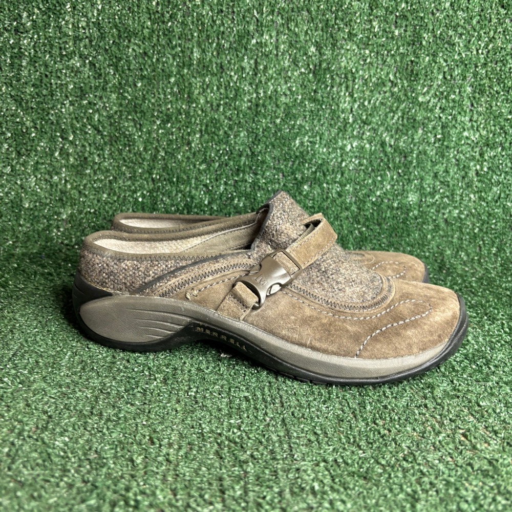 Merrell Encore Sidestep Stone Suede Wool Buckle Strap Slip On Clog Brown Women 8